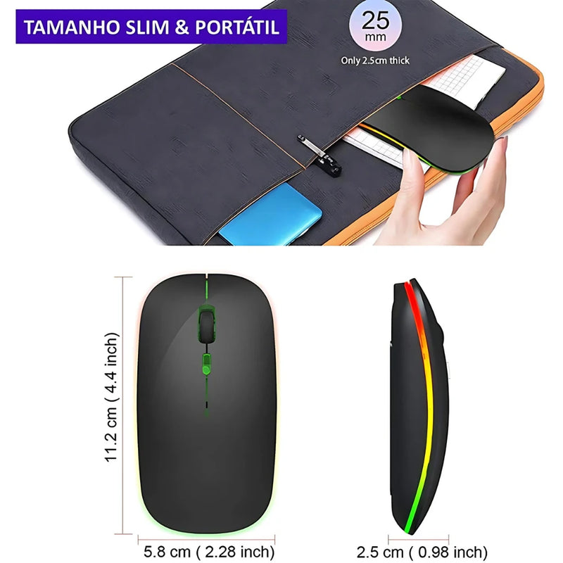 Mouse Sem Fio Recarregável RGB — Silencioso, Iluminado e com 3 Níveis de DPI