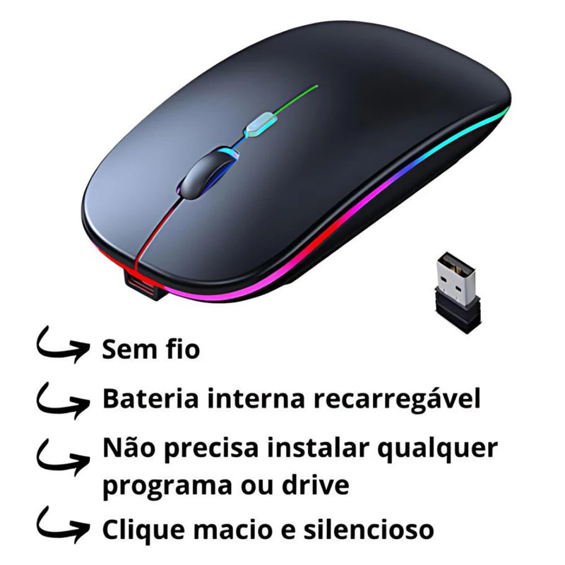 Mouse Sem Fio Recarregável RGB — Silencioso, Iluminado e com 3 Níveis de DPI