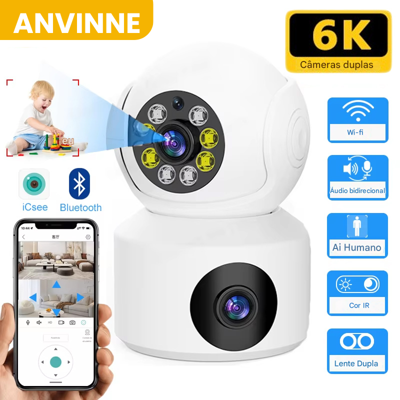 Anvinne DualVision 6K™ – Câmera de Segurança 360° com Duas Lentes, Visão Noturna e Áudio Bidirecional