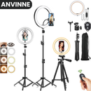Anel de Luz LED 10" Dimerizável com Tripé Ajustável e Suporte para Celular – Luz Branca, Quente e Suave