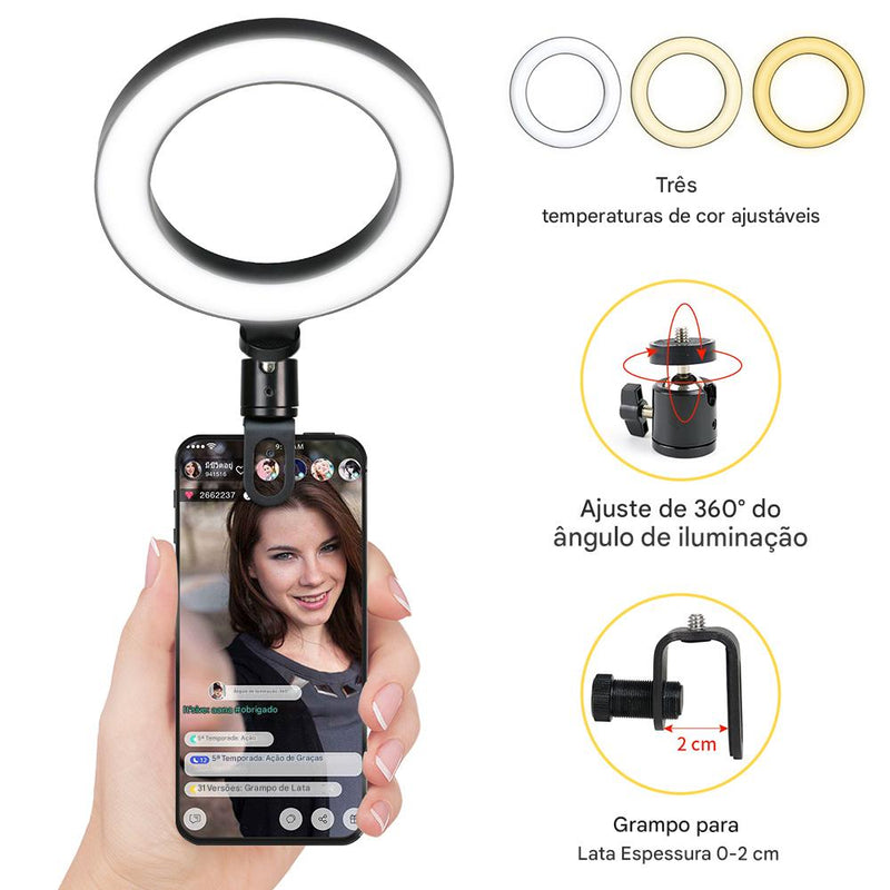 Anel de Luz LED 6.3” com Clipe USB Anvinne – Iluminação Profissional para Lives, Videoconferências e Conteúdo Digital