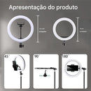 Anel de Luz LED 10" Dimerizável com Tripé Ajustável e Suporte para Celular – Luz Branca, Quente e Suave