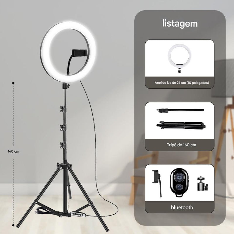 Anel de Luz LED 10" Dimerizável com Tripé Ajustável e Suporte para Celular – Luz Branca, Quente e Suave