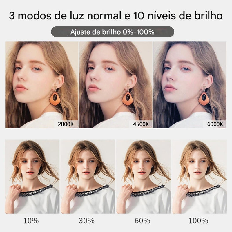 Anel de Luz LED 10" Dimerizável com Tripé Ajustável e Suporte para Celular – Luz Branca, Quente e Suave