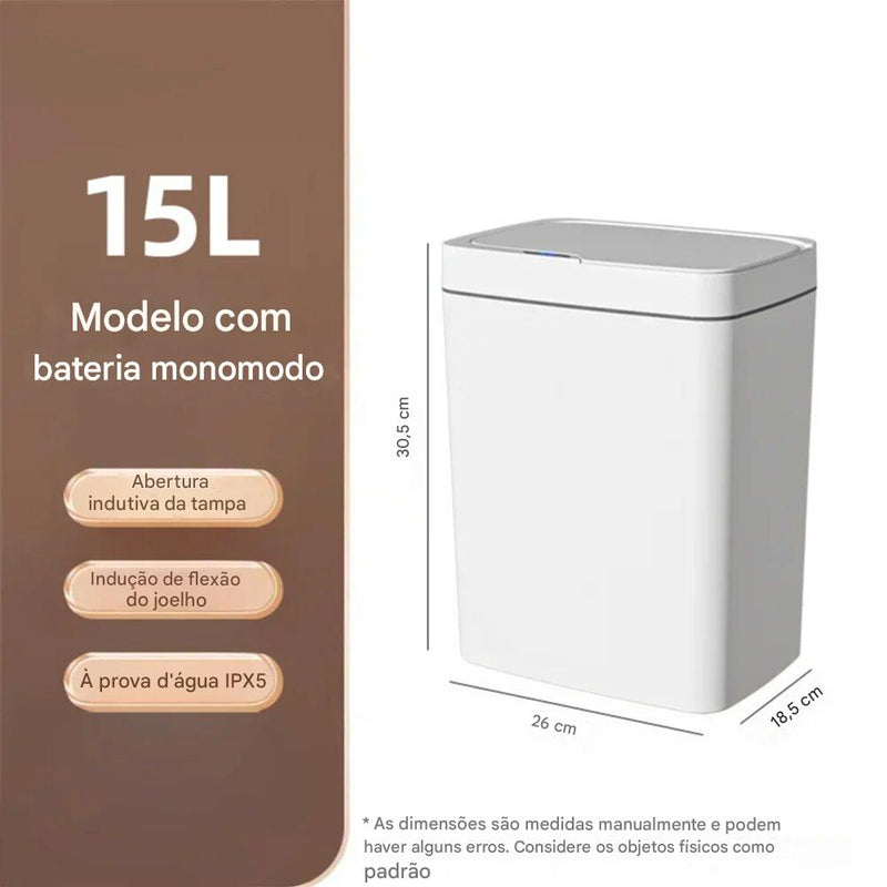Lixeira Inteligente Touchless 15L – Sensor Automático, à Prova d’Água e Design Moderno para Banheiro, Cozinha e Escritório