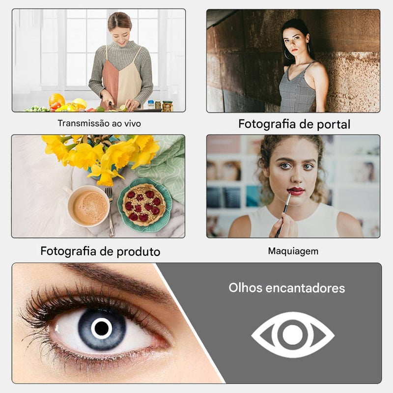 Anel de Luz LED 10" Dimerizável com Tripé Ajustável e Suporte para Celular – Luz Branca, Quente e Suave