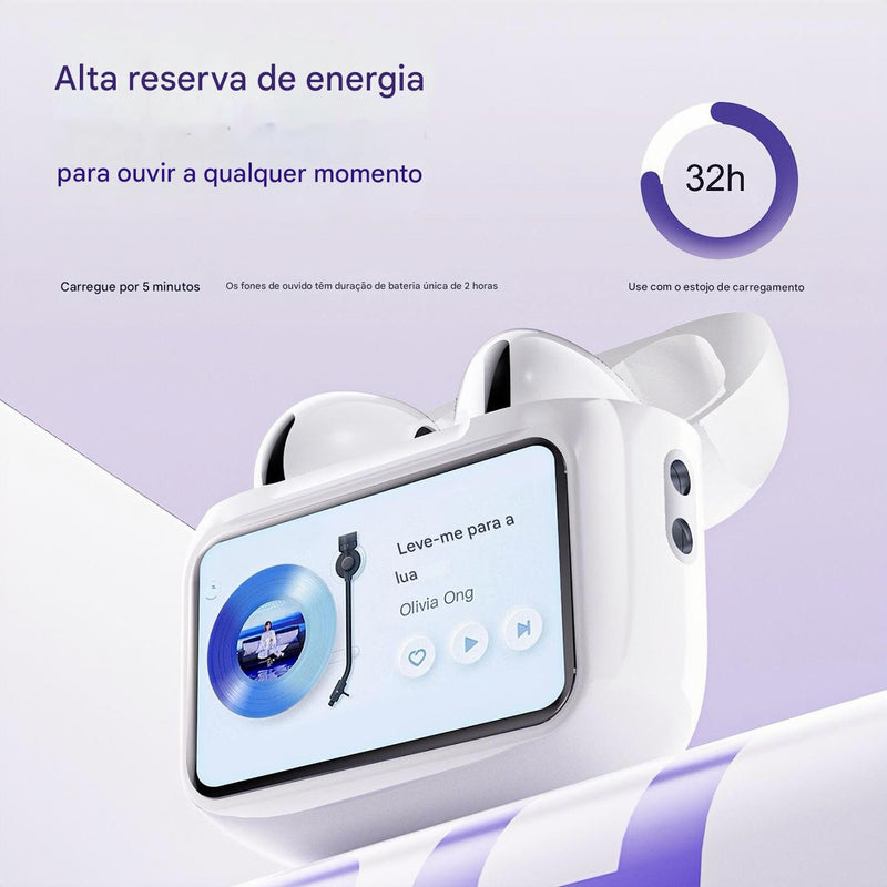 Fone Bluetooth W12 ENC Pro™ – Tela Digital, à Prova d'Água, Som Estéreo