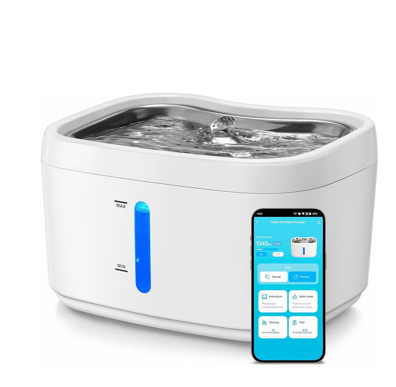 SmartFlow Anvinne™ – Bebedouro Automático com App, Bandeja Inox e Sensor de Peso (2,5L)