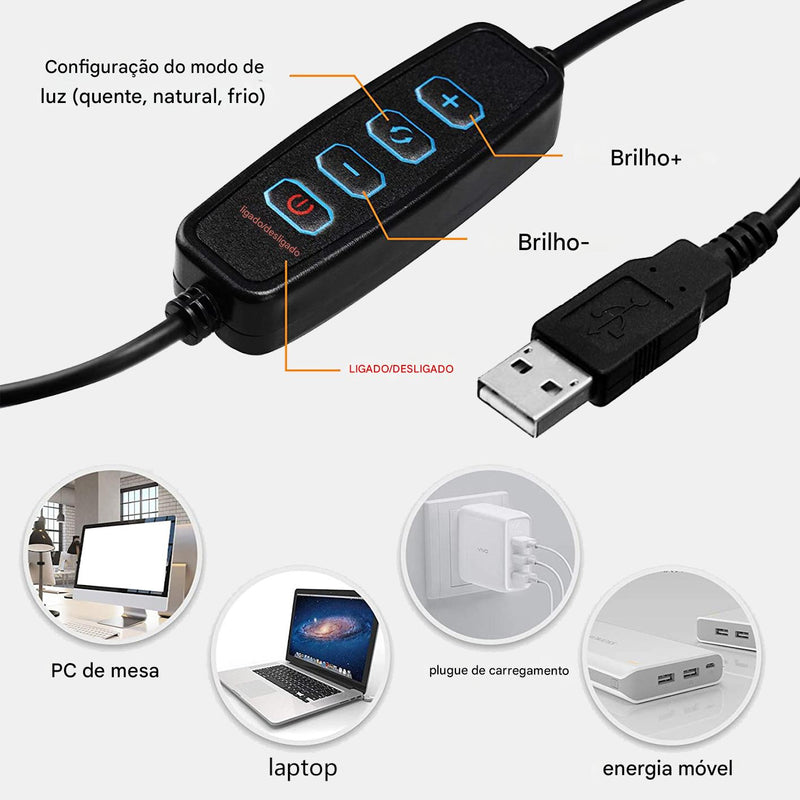 Anel de Luz LED 10" Dimerizável com Tripé Ajustável e Suporte para Celular – Luz Branca, Quente e Suave