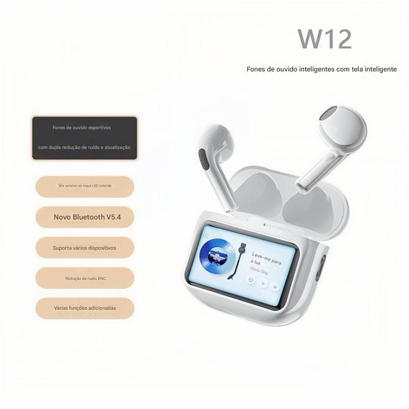 Fone Bluetooth W12 ENC Pro™ – Tela Digital, à Prova d'Água, Som Estéreo