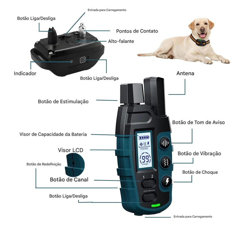 Coleira Inteligente de Adestramento Anvinne™ – Controle Remoto 1000m, À Prova d’Água e Modo Anti-Latido para 2 Cães
