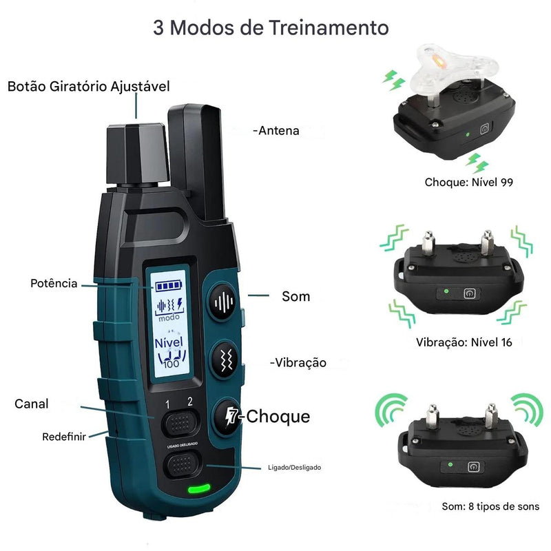 Coleira Inteligente de Adestramento Anvinne™ – Controle Remoto 1000m, À Prova d’Água e Modo Anti-Latido para 2 Cães